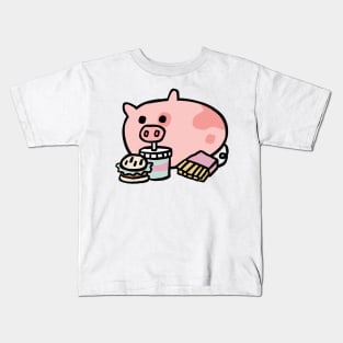 Cute Cartoon Piggy Munching Fast Food Kids T-Shirt